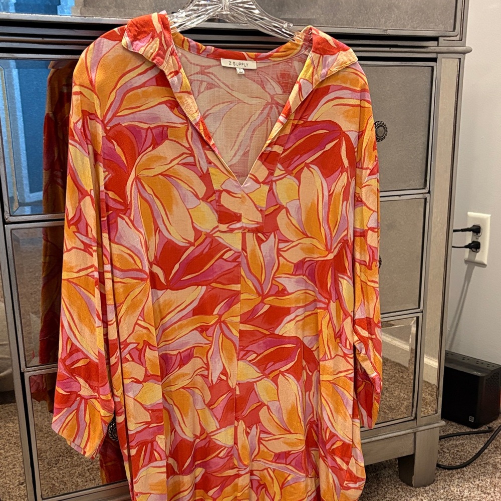 Z Supply Mini Dress in  Red and Orange Leaf Print Small